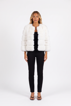 White banded faux fur cropped jacket — front